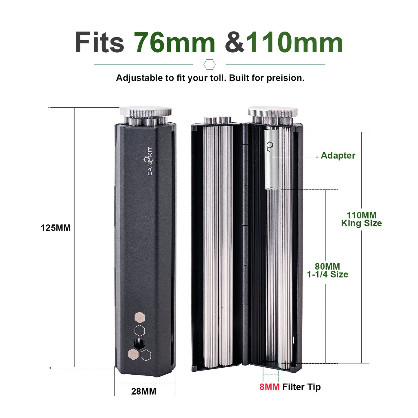 78–110mm Metal Cigarette Roller, Adjustable 1¼ & King Size Rolling Machine
