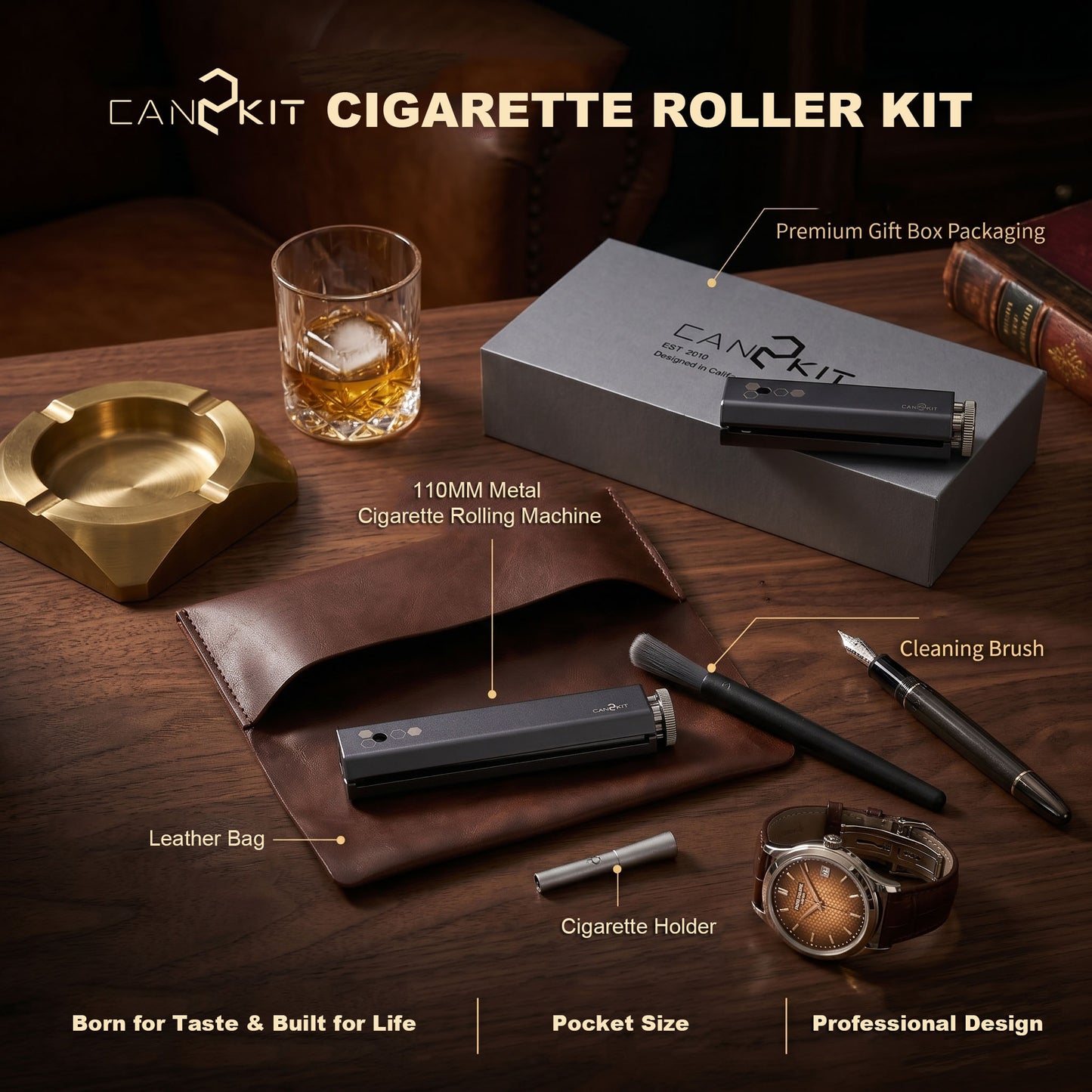 78–110mm Metal Cigarette Roller, Adjustable 1¼ & King Size Rolling Machine